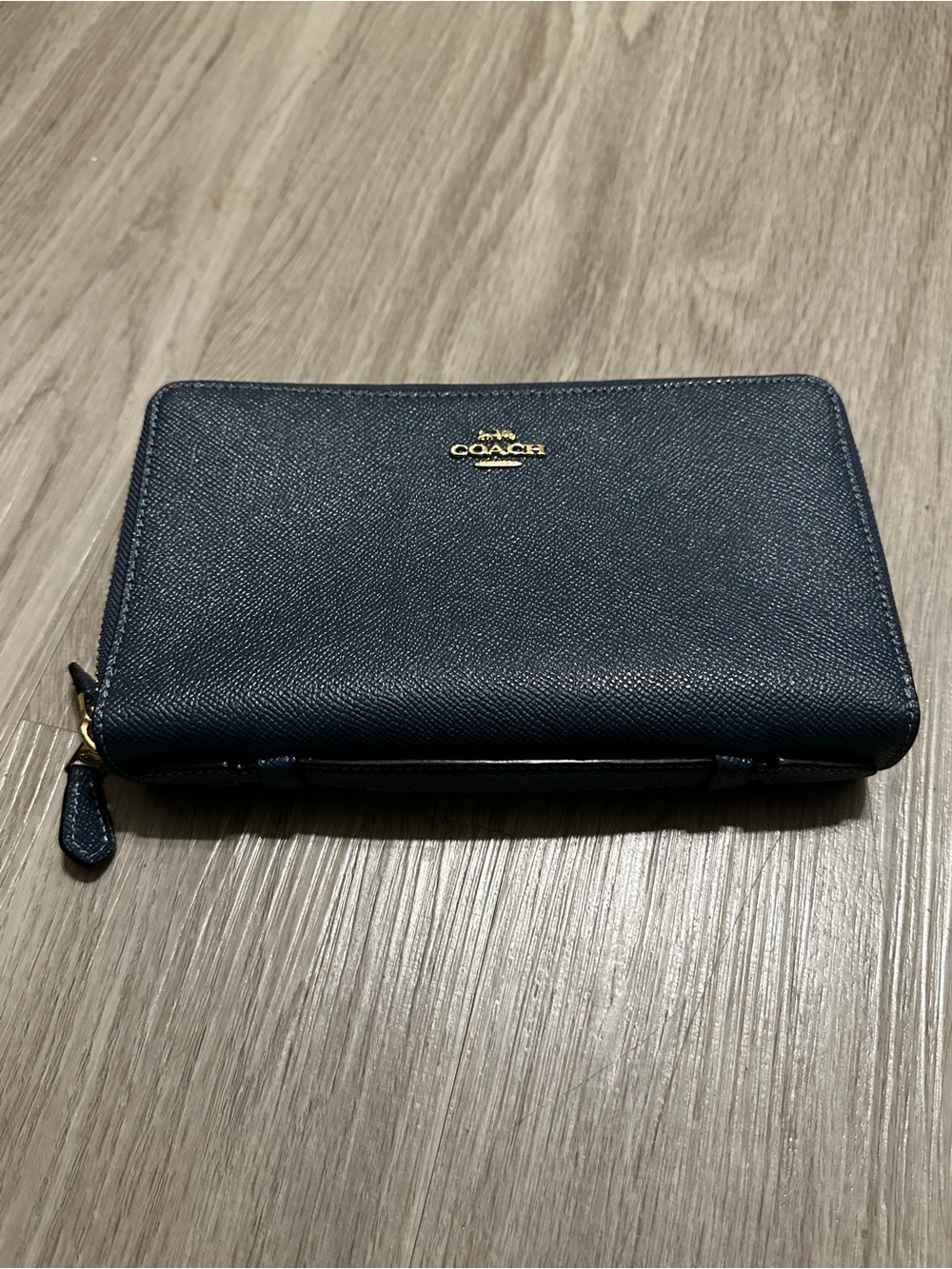 Coach Navy Zip Around Leather Wallet with Gold Logo